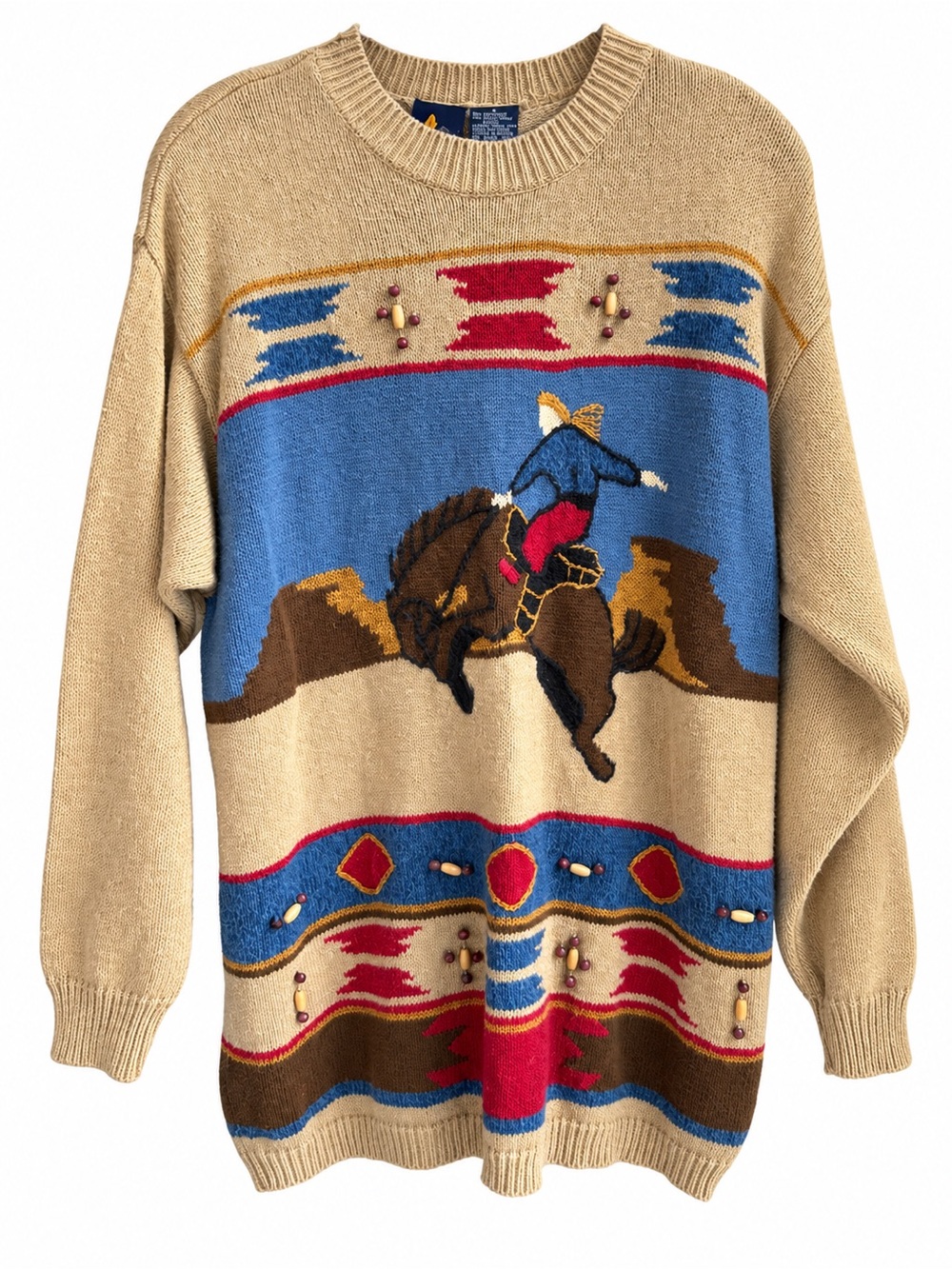 Vintage Lizsport Western Cowboy Horse Sweater Beaded Cotton Ramie M